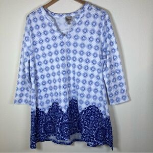 COMO Vintage Blue Floral Boho Tunic Top XL 3/4 Sleeve Peasant Blouse NWT